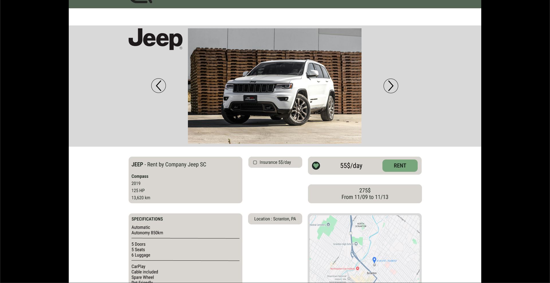 Le page spécifique à la voiture